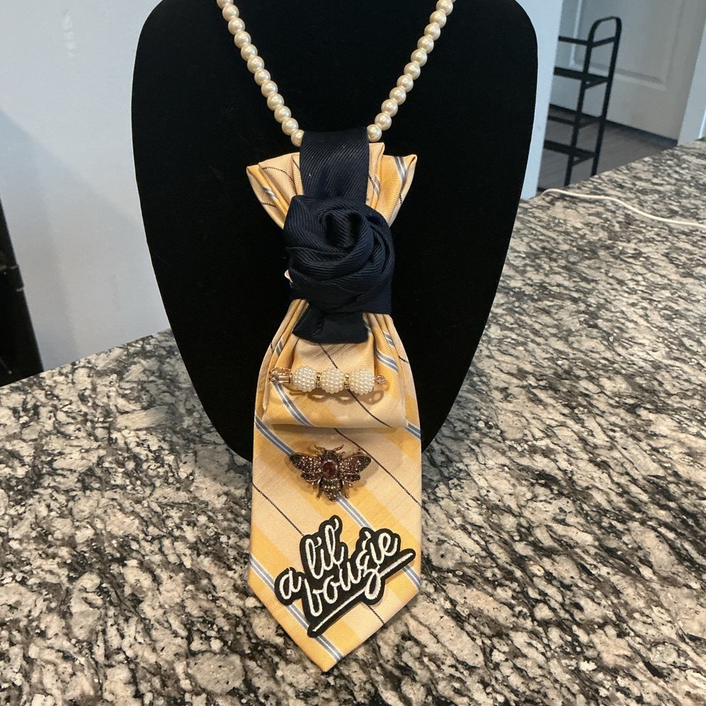 Yellow and Navy Striped Tie with Embellishments